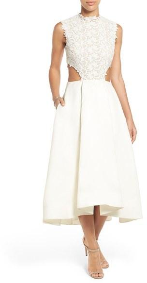 زفاف - Ready to Wed Women's BLISS Monique Lhuillier Guipure Lace & Silk Gazar Side Cutout Tea Length Dress, Size 4 - White