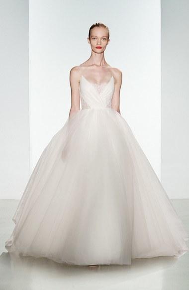 Wedding - Women's Christos Bridal 'Penny' Lace Inset Spaghetti Strap Tulle Ballgown, Size IN STORE ONLY - Ivory (In Stores Only)
