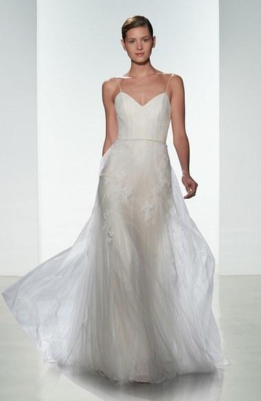 Hochzeit - Women's Christos Bridal 'Effie' Point d'Esprit & Tulle Spaghetti Strap Gown, Size IN STORE ONLY - Ivory (In Stores Only)
