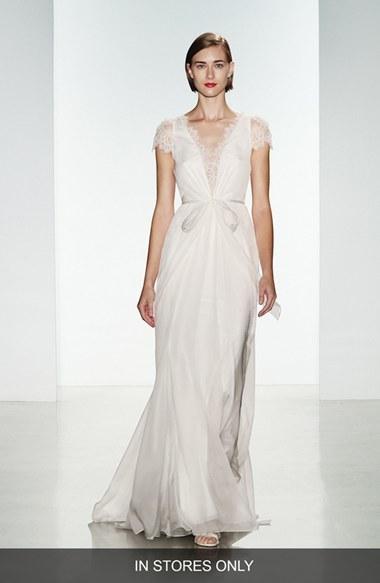 Wedding - Women's Christos Bridal 'Lainee' Silk Chiffon & Lace Cap Sleeve Gown, Size IN STORE ONLY - Ivory (In Stores Only)
