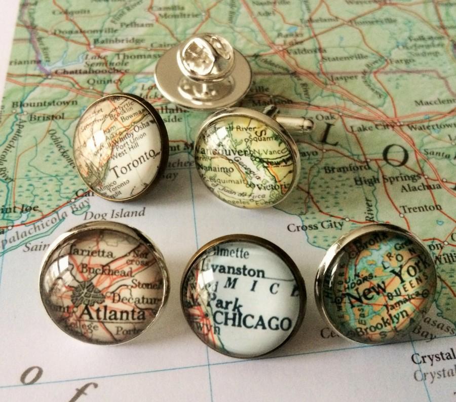Hochzeit - Custom MAP TIE TACK / Personalized Tie Tack / Groomsmen Gift / You Pick the Location / Vintage Map Lapel Pin / Gift under 10 dollars /