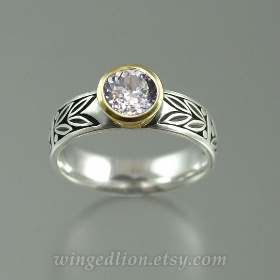 Hochzeit - SACRED LAUREL silver and 14K gold White Sapphire engagement ring