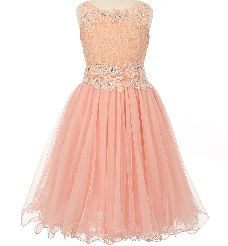 زفاف - Flower girl dress blush peach pink lace embellished with sequins and sparkles, pink flower girl dress,  junior bridesmaid dress