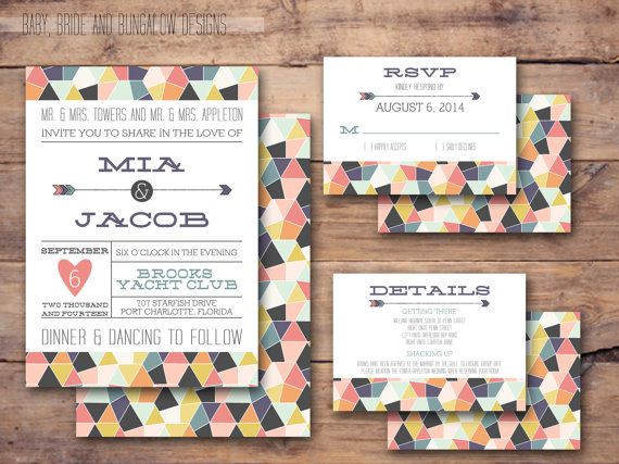 Hochzeit - Geometric Wedding Invitation With Response And Details Card With Coordinating Background: Printable And Customizable 5x7