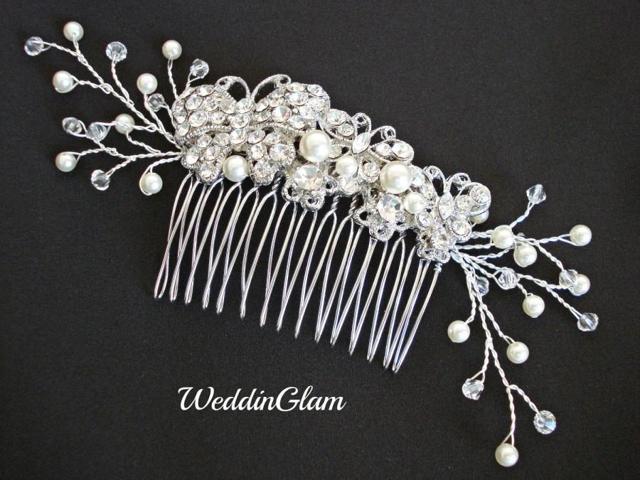 Hochzeit - Pearl Rhinestone Bridal Comb, Crystal Butterfly Wedding Hair Comb, Vintage Style Bridal Wedding Hair Accessories, White, Ivory
