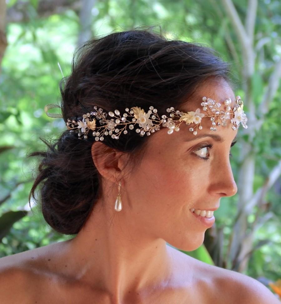 Mariage - Gold Hair Vine, Ivory Bridal Hair Vine, Pearl and Crystal Hairpiece, Gold Wedding Hairvine, WISTERIA