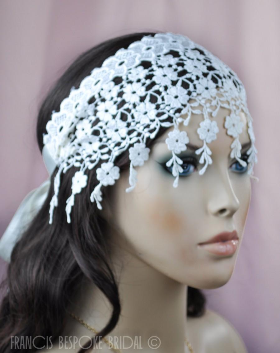 Mariage - wedding bohemian lace hairband wrap, off white juliet cap band, boho bridal hair ribbon, made in Florida