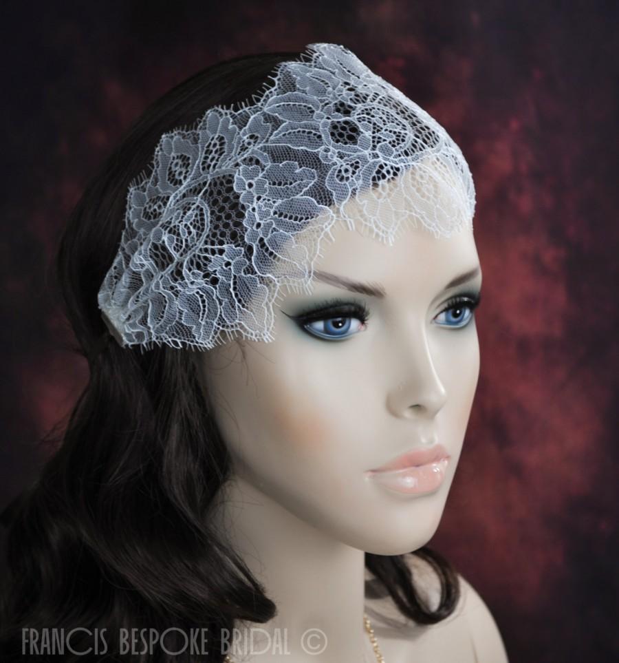 Wedding - white juliet cap hairband lace boho wedding, bridalhead wrap, delicate chantilly  lace headband,  made in Florida