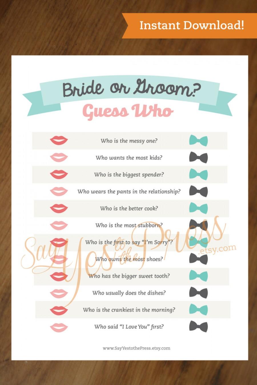 Mariage - GUESS WHO Instant Download Bridal Shower Game Questionare