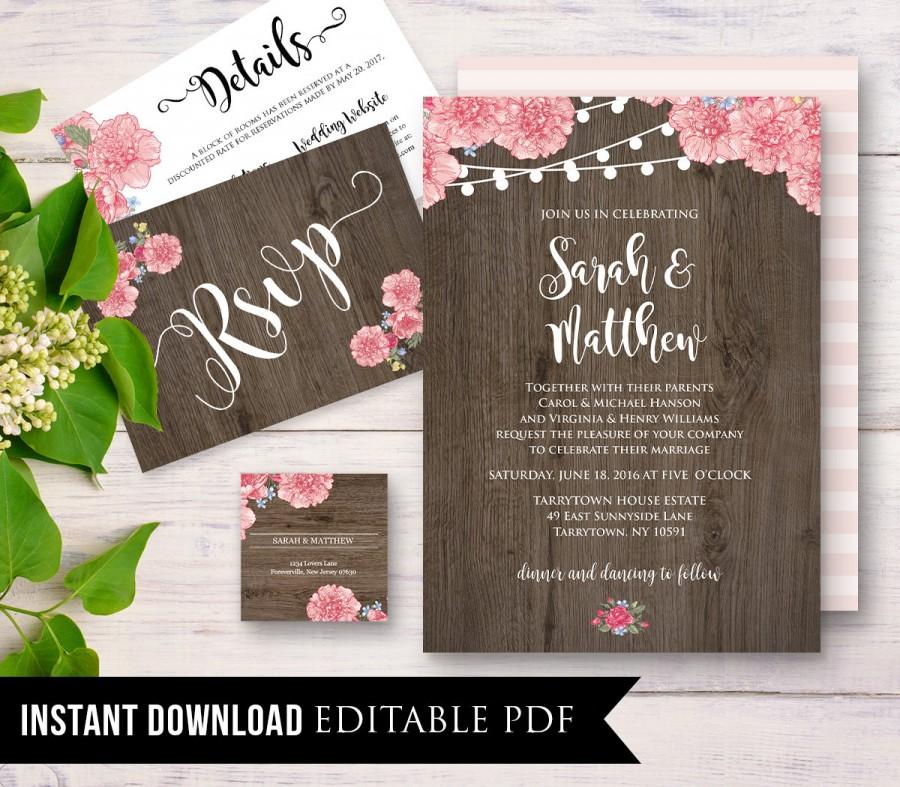 Rustic Wedding Invitation Template Instant Download Wood Floral 