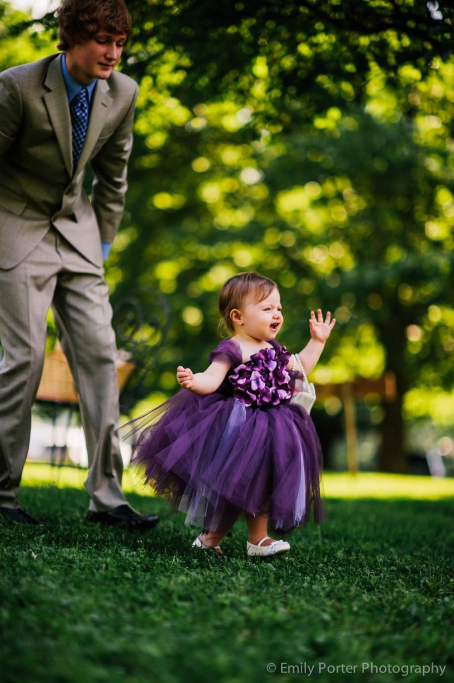 زفاف - Flower girl dress Deep Purple and Lavender tutu dress, flower top, hydrangea top, toddler tutu dress