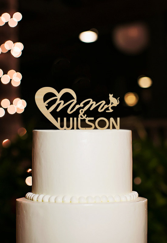 زفاف - Mr and Mrs Cake Topper,Cake Topper with Cat,Funny Wedding Cake Toper,Personalized Last Name Cake Topper,Rustic Wood Cake Topper,Cake Decor
