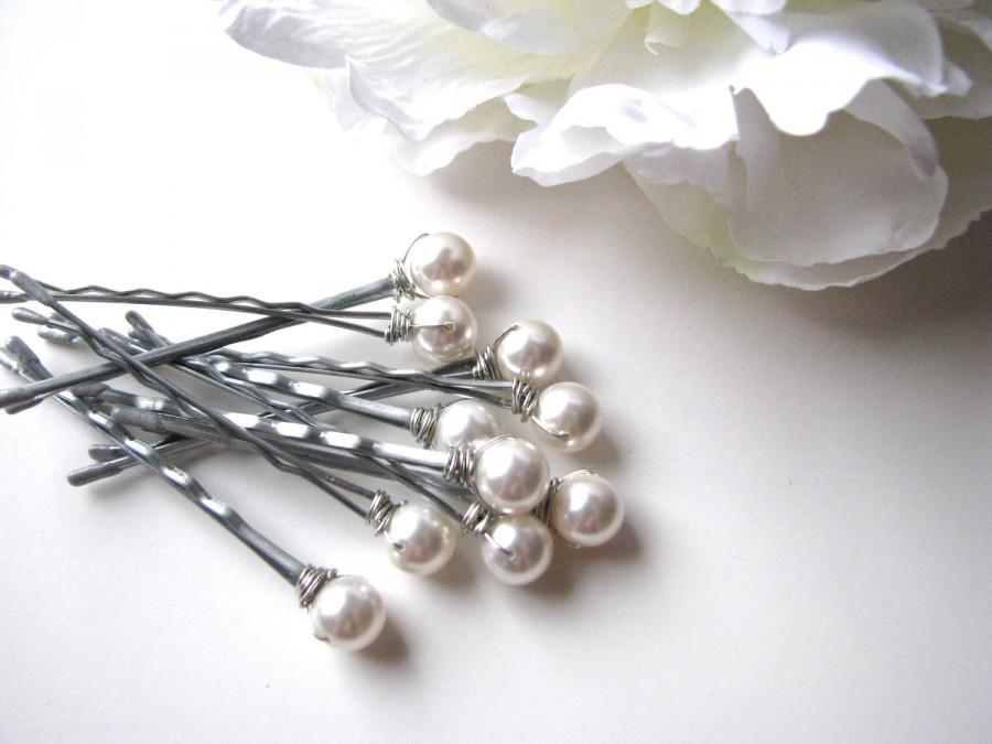زفاف - White Hair Pin Pearl Set of 10, 8mm Swarovski
