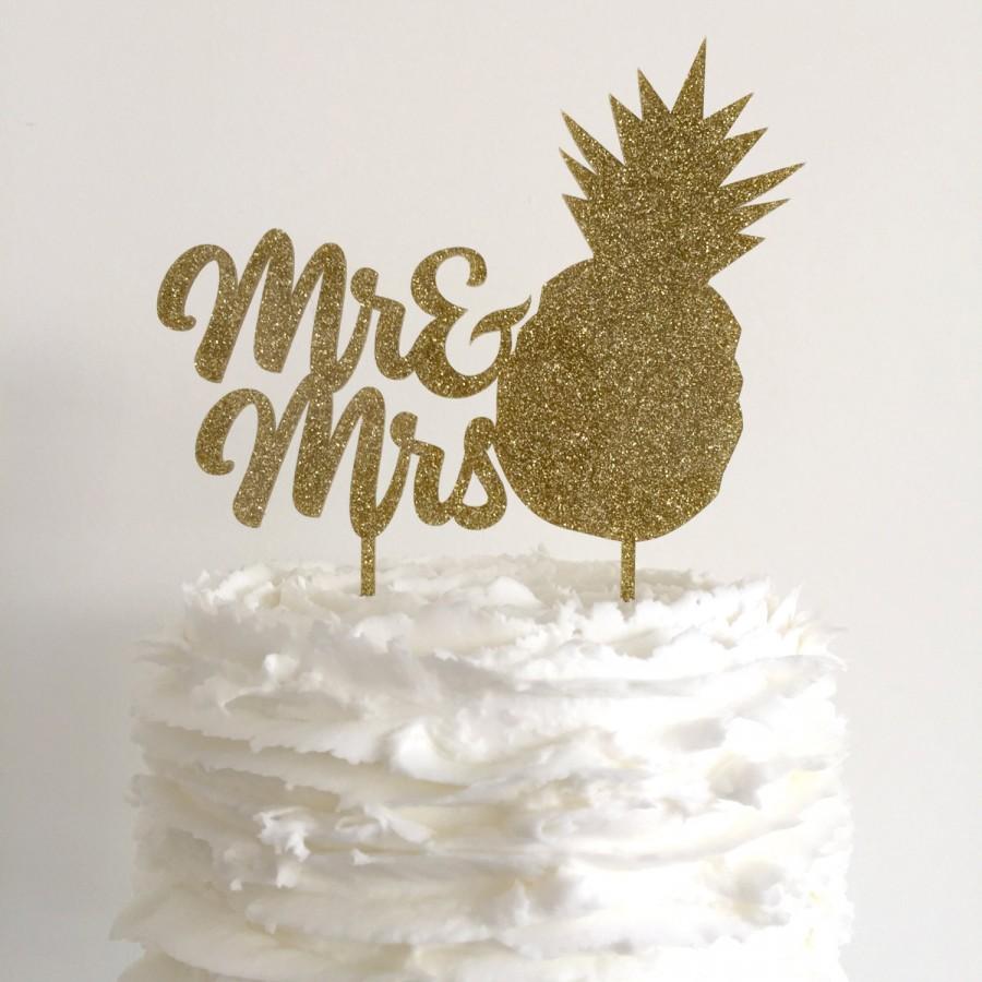 Mariage - Mr & Mrs Pineapple Gold Glitter Wedding Cake Topper -  Tropical Wedding - Laser Cut Acrylic