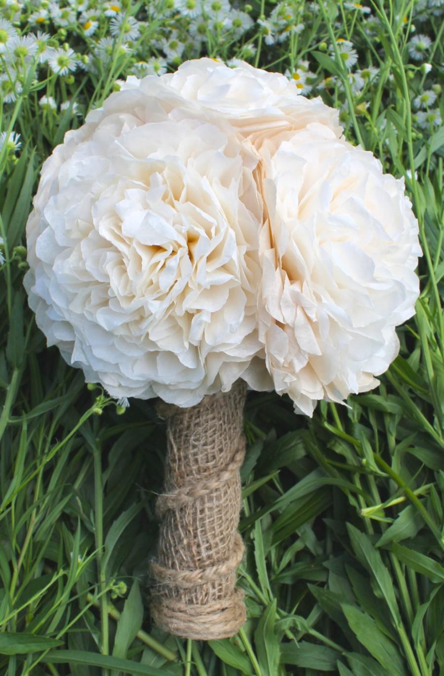 زفاف - Ivory/Cream Burlap and Twine Bouquet - Country Rustic Wedding - Summer - Spring - Autumn