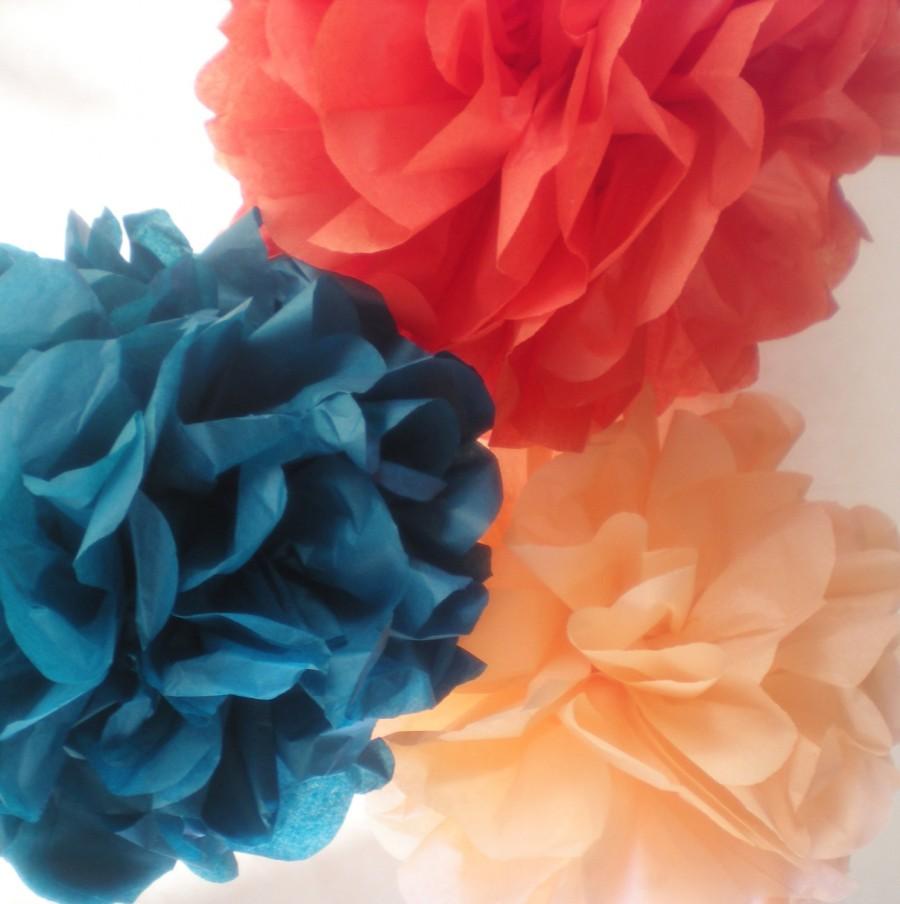 Wedding - Tissue pom poms, set of 6, 9-12" diameter coral peach, mandarin orange, peacock blue for weddings, birthdays, showers