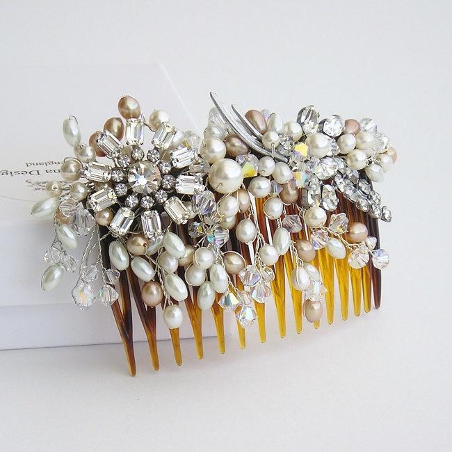 زفاف - Vintage style bridal hair comb with freshwater pearls and crystals - One Of A Kind