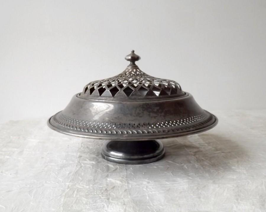 زفاف - Preisner Silver on Copper Flower Frog Bowl, Vintage Silverplate Potpourri Pedestal Dish, Victorian Wedding, Shabby Cottage Chic Decor