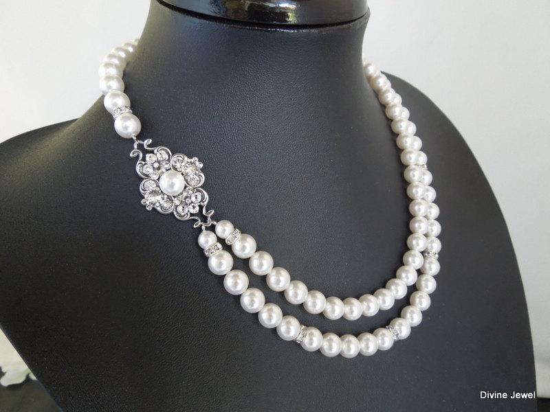 Wedding - Pearl Necklace,Bridal Necklace,Ivory or White Pearls,Pearl Bridal Necklace,Pearl Rhinestone Necklace,Bridal Statement Necklace,Pearl,CLAUDE
