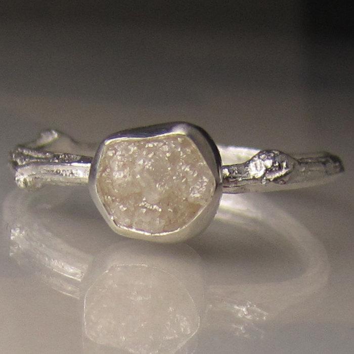 زفاف - Raw Diamond  Ring, White Raw Diamond Engagement Ring, Rough Diamond Ring, Uncut Diamond Twig Ring