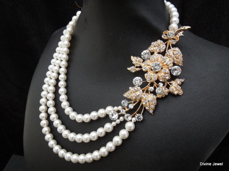 زفاف - Pearl Necklace,Bridal Rhinestone Necklace,Ivory or White Pearls,Statement Bridal Necklace,Pearl Rhinestone Necklace,Gold Necklace,DARCIE