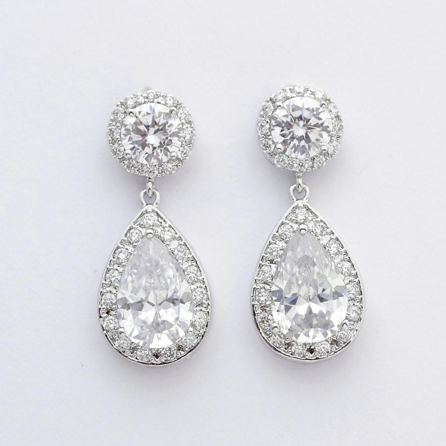 Hochzeit - Wedding Crystal Earrings Bridal Jewelry Silver Clear Cubic Zirconia Earrings Large Teardrop Bridal Earrings Wedding Jewelry, Ena
