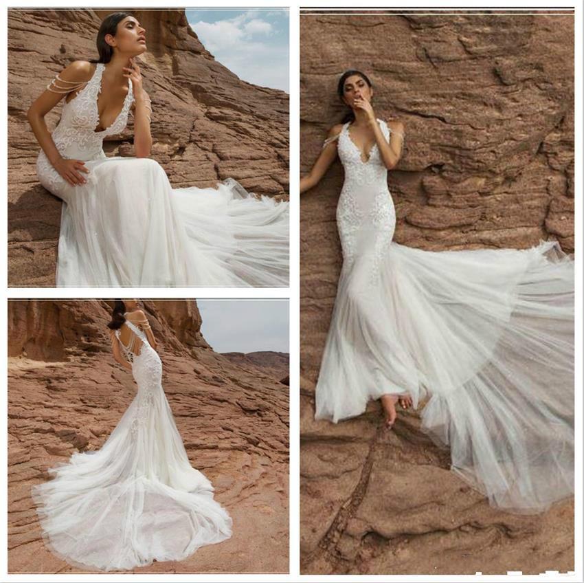 Hochzeit - Gorgeous Backless Mermaid Wedding Dresses With Deep V Neck 2016 Tulle Applique Cheap Sexy Lace Bodice With Long Train Bridal Gowns Online with $129.65/Piece on Hjklp88's Store 