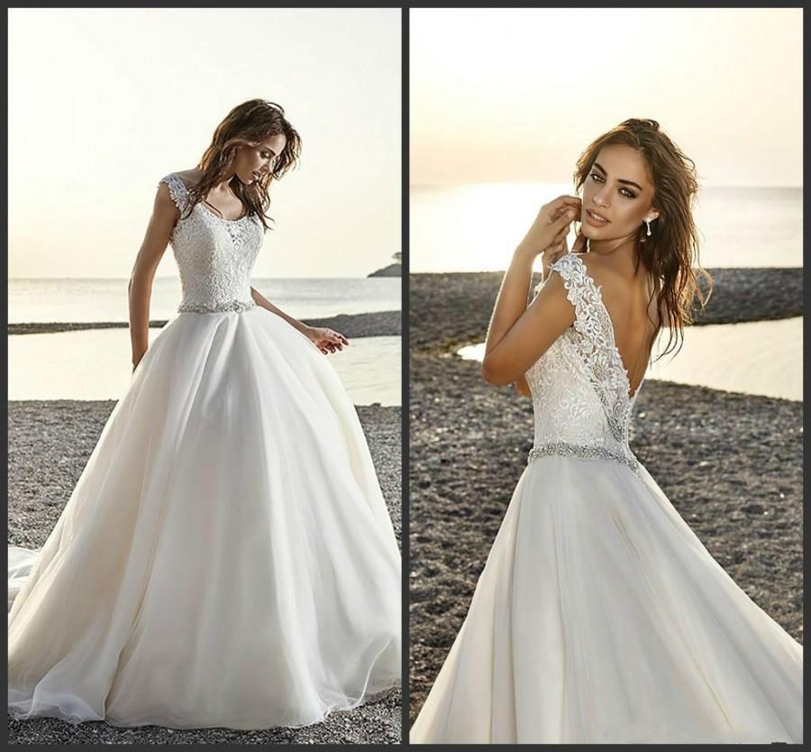 Wedding - Charming A Line Wedding Dresses 2016 Sheer Scoop Neckline Sexy Backless Lace Bodice Beaded Crystal Belt Chapel Train Beach Bridal Gowns Online with $107.79/Piece on Hjklp88's Store 