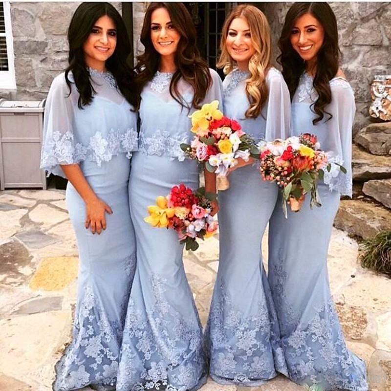 Mariage - Charming Sky Blue Bridesmaid Dresses With Wrap Sweetheart Lace Applique 2016 Mermaid Long Formal Prom Party Evening Gowns Custom Online with $89.0/Piece on Hjklp88's Store 