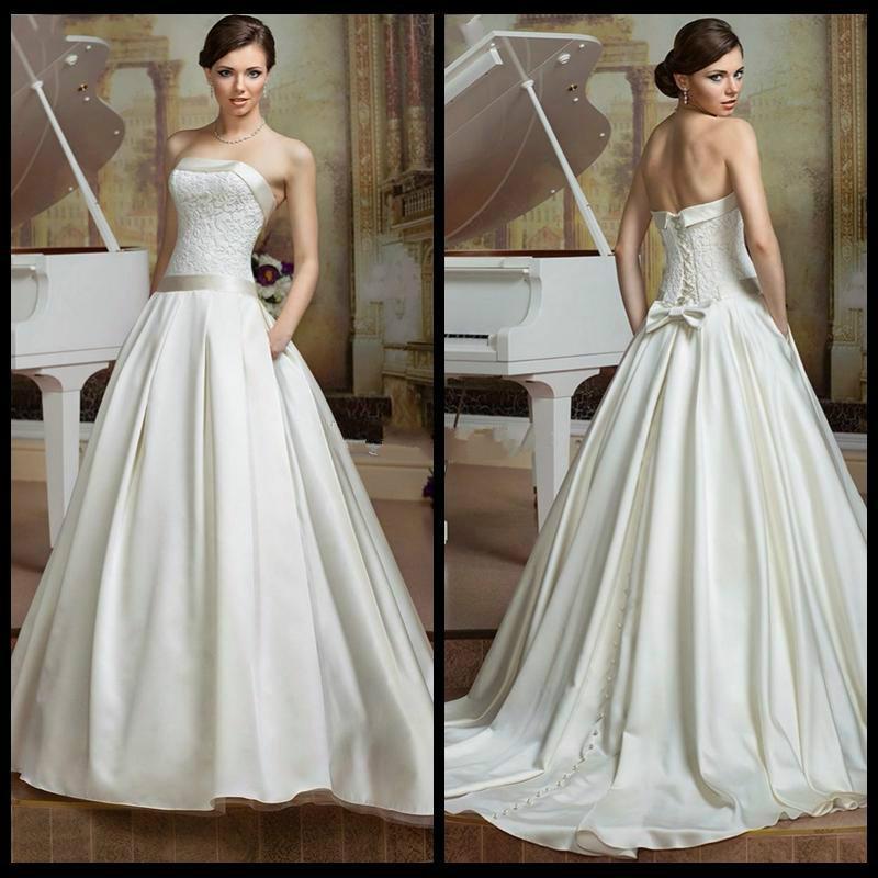 Wedding - Simple Strapless Lace Wedding Dress 2016 Elegant Sash Sleeveless A Line Satin Chapel Train Vestido De Noiva Bridal Ball Gowns Online with $109.3/Piece on Hjklp88's Store 