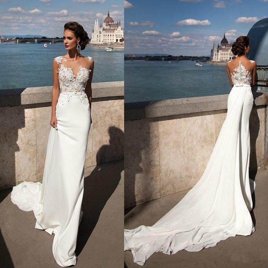 Mariage - Princess Mermaid 2016 Lace Wedding Dresses Sheer Neck Ribbons Wedding Gowns Train Sleeveless Milla Nova Cheap Beach Bridal Dress Online with $100.26/Piece on Hjklp88's Store 