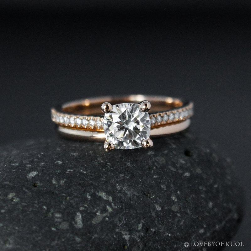 Wedding - Rose Gold Forever One Moissanite Ring - Engagement Ring & Wedding Band Set - Comfort Fit Band