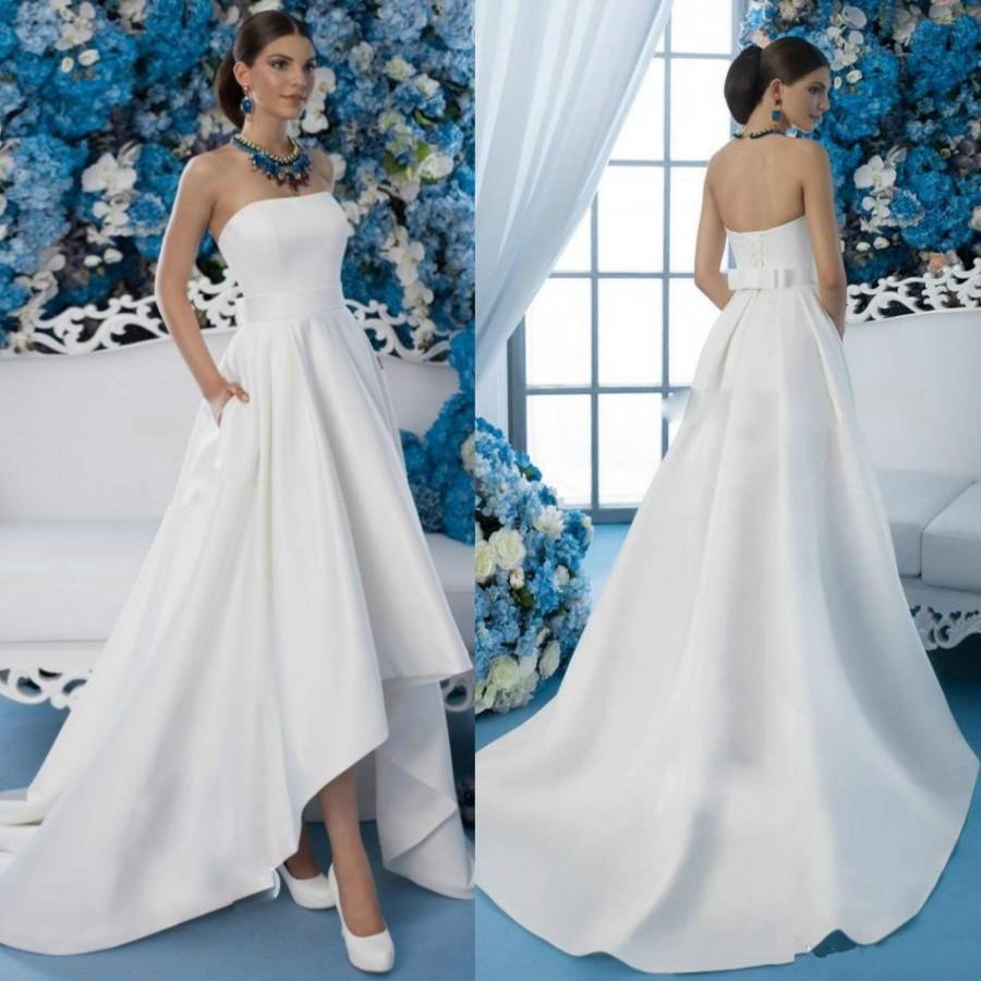 Hochzeit - Cheap 2016 High Low Wedding Dresses Garden Strapless Neck Pocket Bow Sash Sleeveless Wedding Gowns Long Beach Bridal Ball LDress Online with $97.24/Piece on Hjklp88's Store 