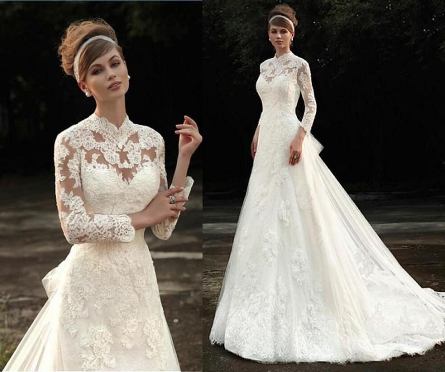 Wedding - Muslim Full Lace Wedding Dresses 2016 Sheer Vintage Vestido De Novia Lace Bridal Ball With High Collar Covered Button Wedding Gowns Online with $110.81/Piece on Hjklp88's Store 