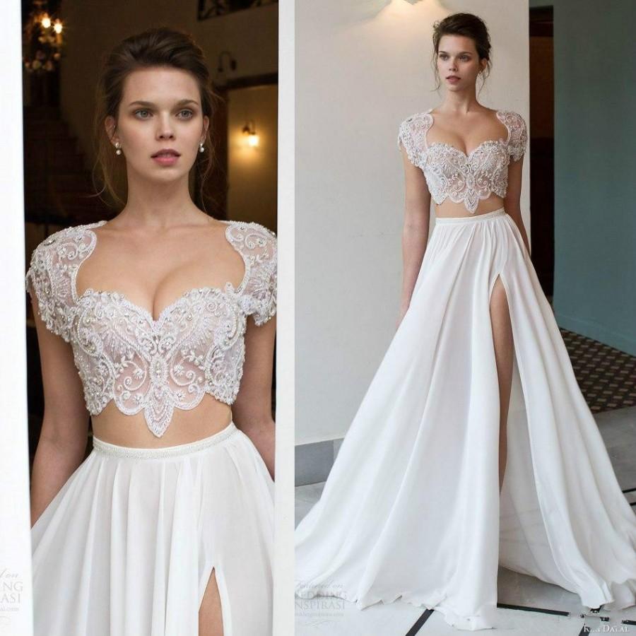 Wedding - Sexy Two Pieces Wedding Dresses Scoop Neck Side Split Lace Ball Gowns Sweep Train Beads Garden Cap Sleeve Chiffon Beach Bridal Dress Cheap Online with $104.78/Piece on Hjklp88's Store 