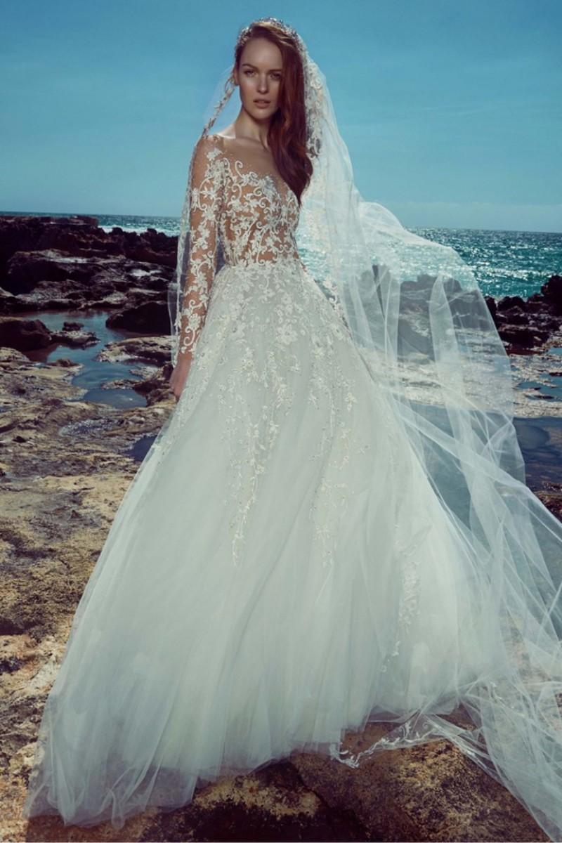 Mariage - New Arrival Zuhair Murad Wedding Dresses 2016 Illusion Long Sleeves Sexy Sheer Lace Applique Ball Gowns Sweep Train Beach Bridal Dress Online with $110.06/Piece on Hjklp88's Store 