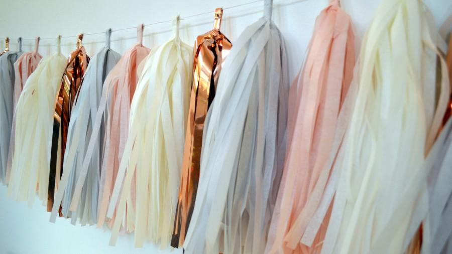 Hochzeit - Blush Copper Gray and Ivory tissue Tassel Garland - Blush Wedding Decor - Blush Pink and Rose Gold Tassel Banner