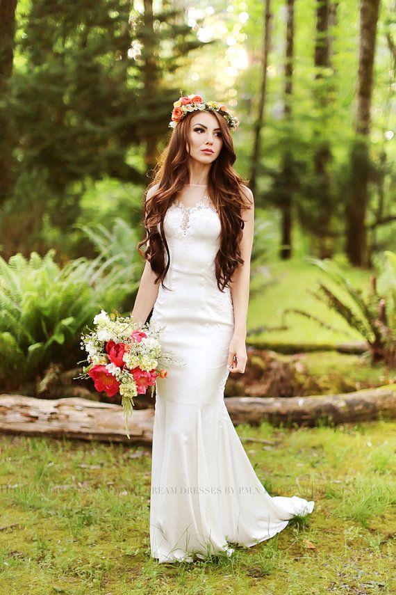 Hochzeit - Couture Silk Wedding Dress-Sheath Wedding Dress-Sheer Back-Sleeveless Wedding Dress-Illusion Neckline (Style # Lily PB068)-Made To Order