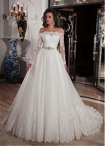 زفاف - [188.99] Elegant Tulle Off-the-Shoulder Neckline Ball Gown Wedding Dresses With Lace Appliques - Dressilyme.com