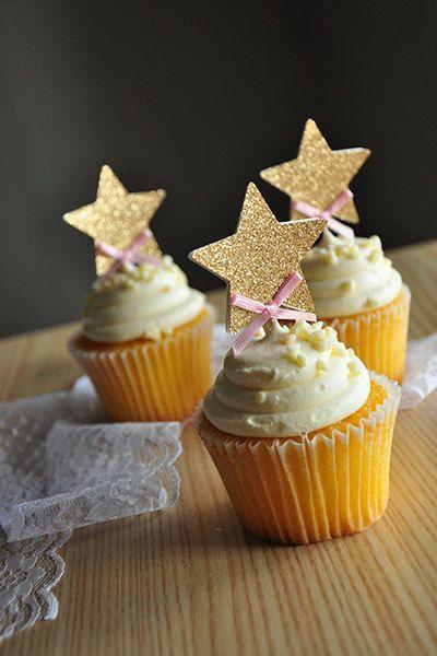 Wedding - Pink And Gold Birthday Decorations.  Ships In 2-5 Business Days.  Glitter Gold Star Cupcake Toppers.  12CT.