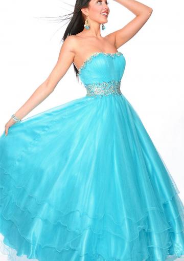 Wedding - Lace Up Strapless Tulle Crystals Fuchsia Blue Ruched Floor Length