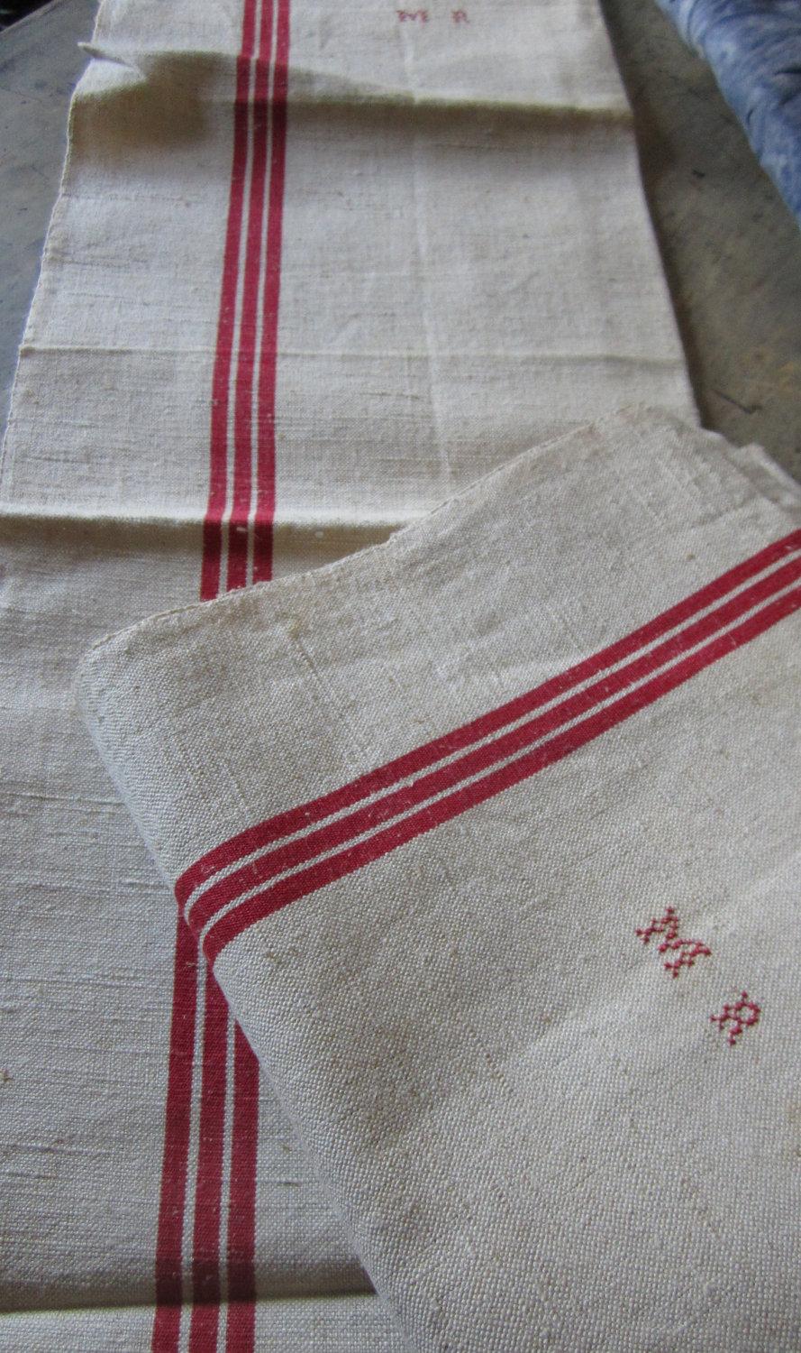 ONE Vintage  French Linen Torchon Tea Kitchen Towel  Red Stripe 