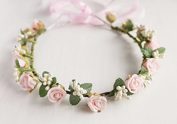 Свадьба - Blush Bridal Crown, Woodland Rose Crown, Boho Head Wreath, Flower Girl Crown, Blush Pink Halo, Bridal Crown, Flower Girl Halo, Toddler Crown