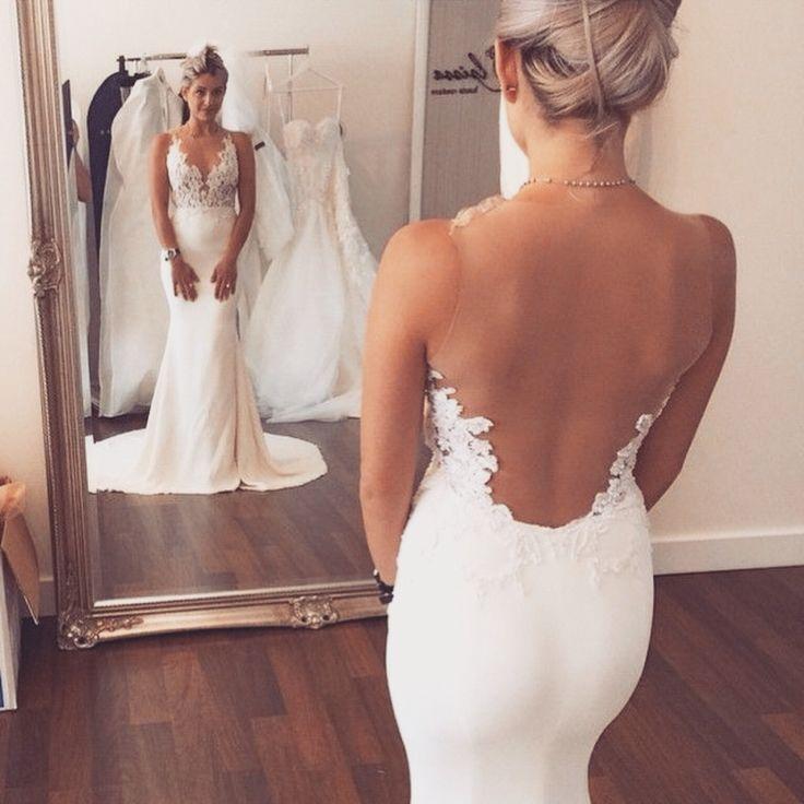 Hochzeit - Sexy V-Neck Backless Wedding Dress Bridal Gown Custom Size 4 6 8 10 12 14 16 18 