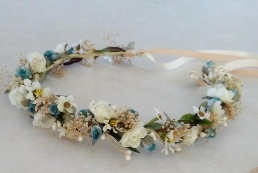 زفاف - bridal shower Floral Crown aqua teal Daisy Hippie headwreath wedding accessories bohemian dried flower wreath for hair boho halo baby wreath