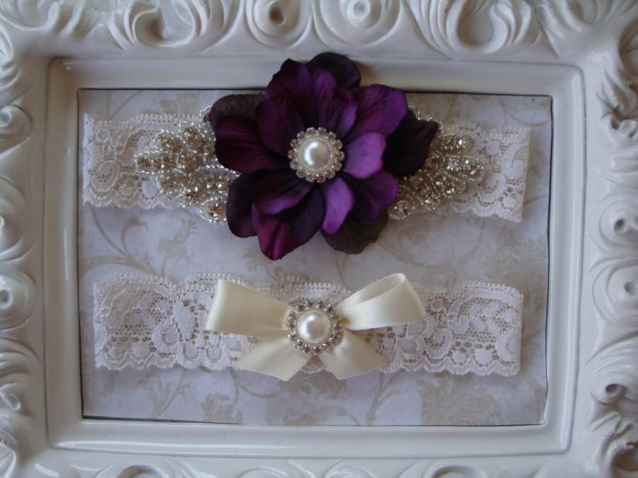 Mariage - Wedding Garter - Bridal Garter - Purple Flower and Crystal Rhinestone and Pearl Garter and Toss Garter Set