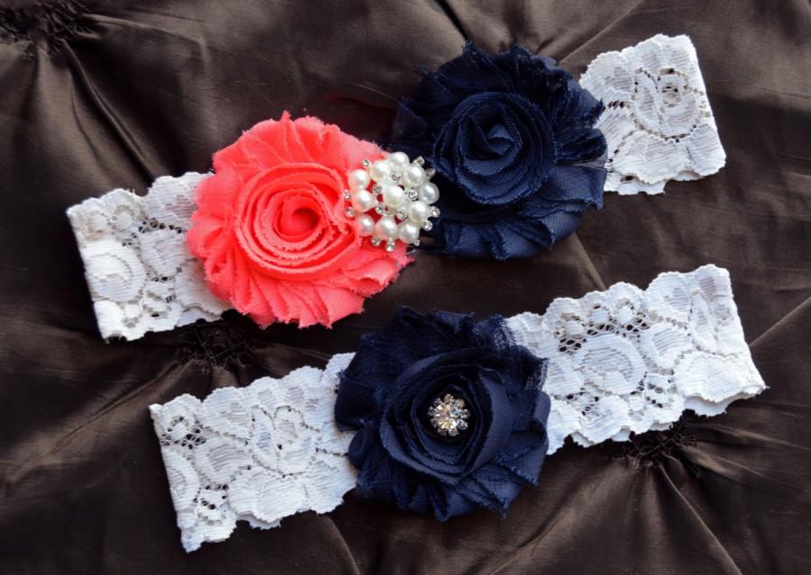 Wedding - On Sale Wedding Garter, Bridal Garter, Wedding Garter Set, Navy Blue and Coral Garter Belt , Shabby Chiffon Flower Vintage Lace Garter