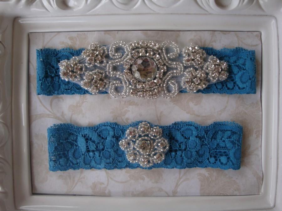 Mariage - Wedding Garter - Bridal Garter - Teal Blue Garter - Crystal Rhinestone and Pearl Garter and Toss Garter Set
