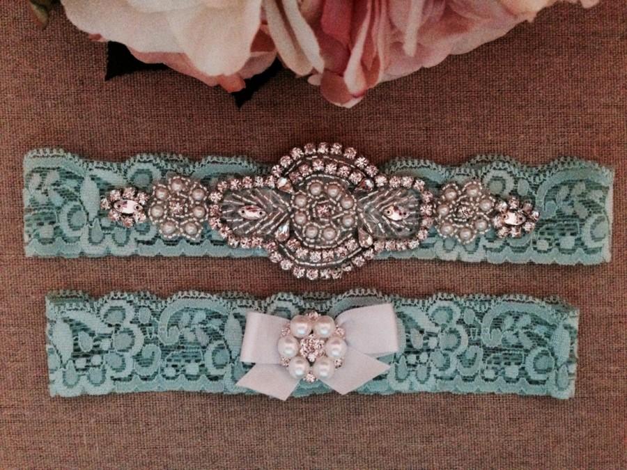 Hochzeit - Wedding Garter Set - Aqua Blue Bridal Garter - Crystal Rhinestone Garter and Toss Garter Set on Aqua Blue Lace