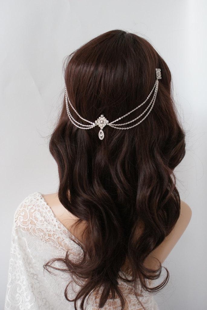 Свадьба - Wedding Headpiece with crystals - Bohemian Wedding Headpiece - Silver chain headpiece -Bridal Hair Accessory -Downton abbey 1920s Headpiece